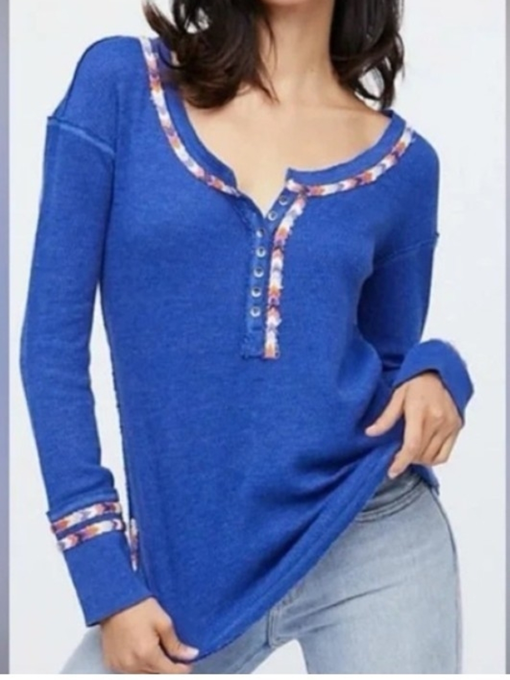 We The Free WM Blue Long-Sleeve Henley Top with Contrast Trim Cotton Blend